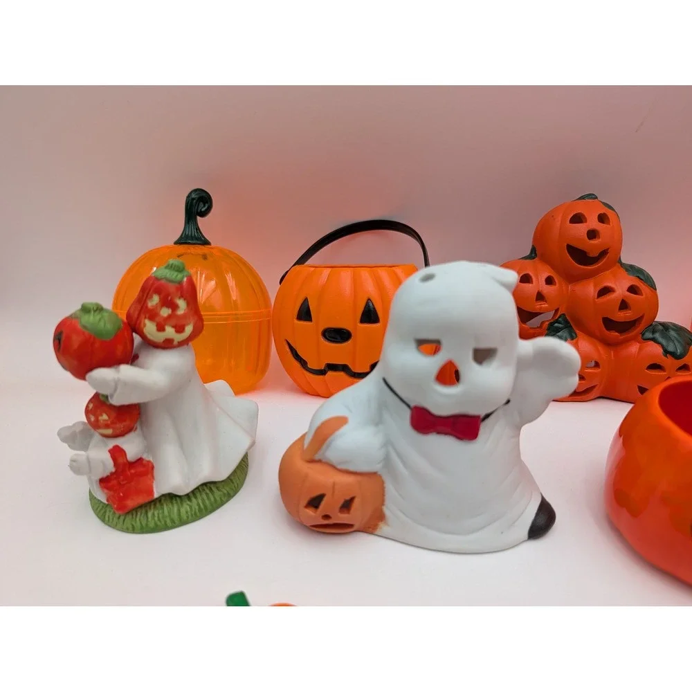 Halloween Decor Lot Orange Jack O Lantern Ghost Cat Figurines Ceramic Magnets